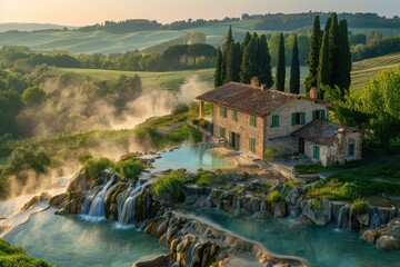 A rustic stone house surrounded by steaming thermal pools in a lush green landscape, showcasing tranquility and natural beauty. Free copy space for text.