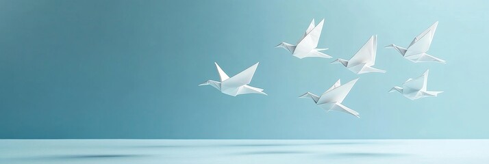 six white origami birds gracefully soar in a zigzag formation against a light blue background, symbo