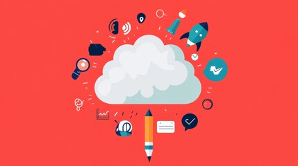 Wall Mural - This vibrant flat  illustration symbolizes the power of cloud computing, innovation, and growth. The cloud represents storage and accessibility, while the pencil signifies creativity and development. 