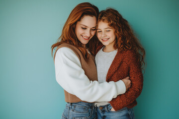 A mother and daughter are hugging each other. They are smiling and appear happy