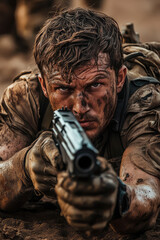 Portrait of a dirty man soldier holding gun and shooting, laying on the ground