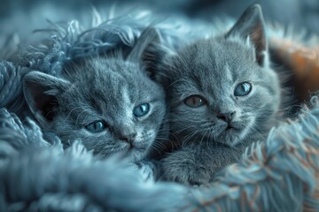 Close-up of two adorable kittens cuddling, showcasing their blue and amber eyes.