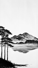 Poster - Minimalist Black and White Landscape with Mountains and Trees