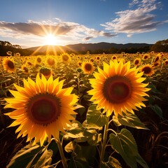 Poster - sunflowers in a field with the sun in the background. 