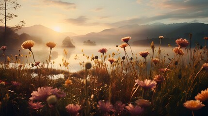 Poster - a field of flowers with the sun setting behind it. 