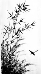 Wall Mural - Black and White Ink Wash Painting of Bamboo and Bird