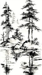 Tranquil Black and White Ink Painting of a Forest Reflection in Water