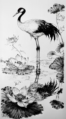 Wall Mural - Black and White Illustration of a Crane and Lotus Flowers