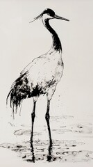 Wall Mural - Ink Drawing of a Crane in Water