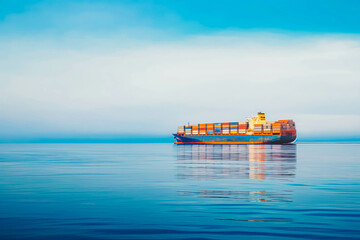 A large container cargo ship travels over calm, blue ocean