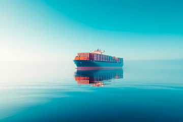 A large container cargo ship travels over calm, blue ocean