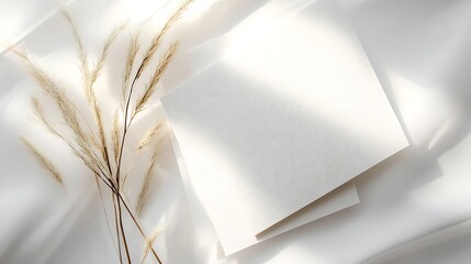 Poster - White Paper Card with Dried Grass on a White Fabric Background