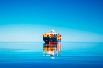 A large container cargo ship travels over calm, blue ocean