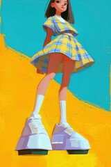 Poster - Young Woman In A Plaid Dress And Chunky Sneakers