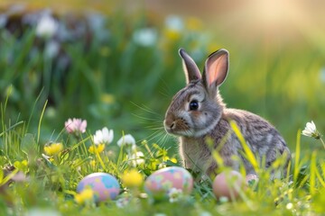 Poster - A rabbit is sitting in a field of flowers, generative ai image