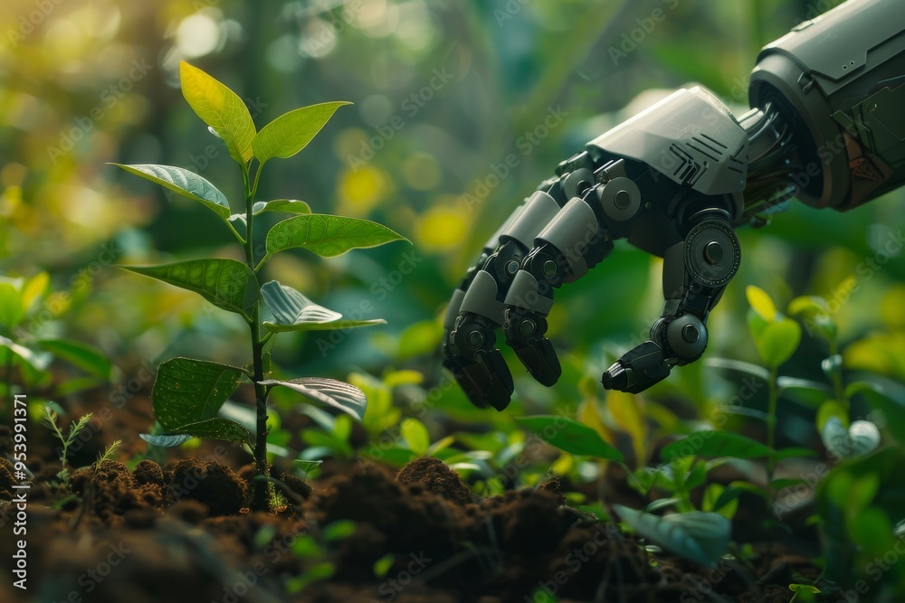 Robotic hand planting a tree in a lush forest, highlighting AI ...