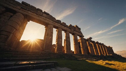 Sticker - Ancient ruins at sunset, with a large sun casting dramatic shadows and highlighting the steps leading upwards.