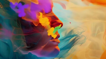 Poster - Vibrant abstract art blending human face with colorful smoke, representing the fusion of technology and humanity. Symbolizes the relationship between AI and human emotion.