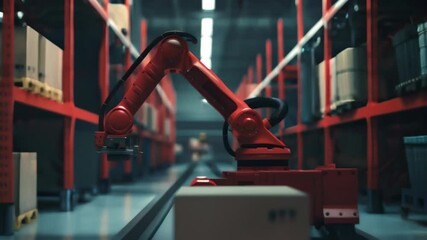 Poster - Red robotic arm in a warehouse lifting a box, symbolizing automation and robotics in modern industry.
