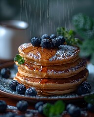 Wall Mural - gluten free vegan blueberry pancakes, blueberries on top of pancakes and around