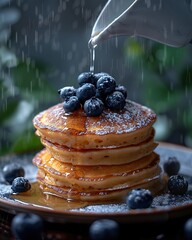 Wall Mural - gluten free vegan blueberry pancakes, blueberries on top of pancakes and around