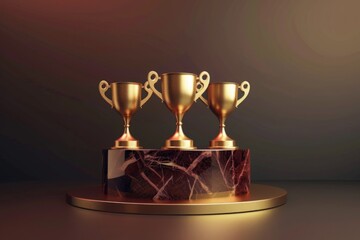 Three gold winner cups on a brown and gold background