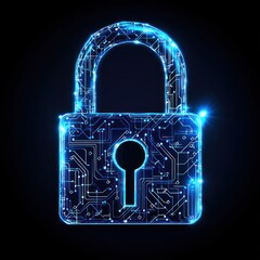 Poster - A digital lock icon with circuit patterns glowing in blue, symbolizing advanced security technology