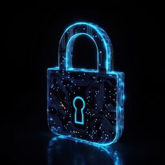 Poster - A digital lock icon with circuit patterns glowing in blue, symbolizing advanced security technology