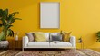 © Radiant Art - White poster frame mockup in Living Room white Sofa and yellow wall, potted plant