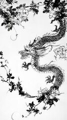 Poster - Black and White Dragon with Flowers