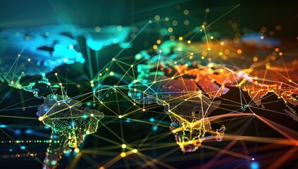 Poster - A digital art piece depicting global network connections, with abstract shapes 