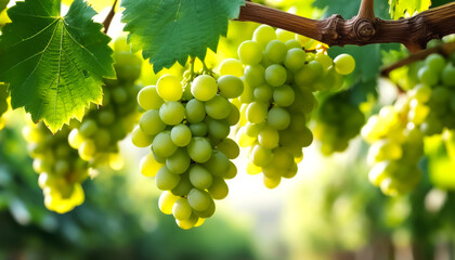 close-up sweet fresh green grapes fruit still hanging on the tree