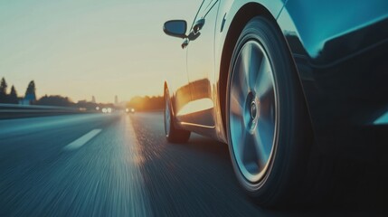 The perspective from a car driving on a highway captures the sense of motion and journey of the highway atmosphere