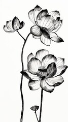 Poster - Black and White Lotus Flowers Illustration