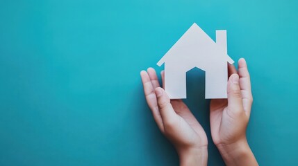 Wall Mural - hands holding paper house, family home, homeless housing and home protecting insurance concept