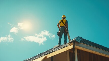 Workman using pneumatic nail gun install tile on roof of new house under construction