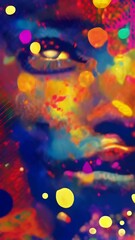 Poster - Abstract artistic representation of a face with vibrant colors and digital textures, fusion of human creativity and AI technology. Intersection of art and artificial intelligence.
