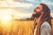 © Avelino - A young man with dreadlocks and a beard is standing in a field of golden grass, looking up at the sunset and smiling, radiating joy and carefree spirit. Generated with AI.