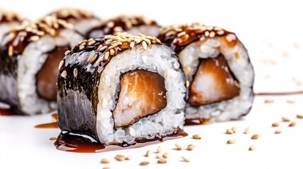 Wall Mural - Delicious sushi rolls with salmon and unagi being covered in teriyaki sauce