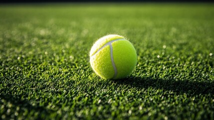 A tennis ball is sitting on a green grass field