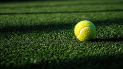 A tennis ball is sitting on a green grass field