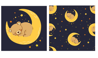 Wall Mural - Set of vector illustrations for printing on children's products. Cute bear sleeping on the moon in the stars. Seamless vector pattern . Vector illustration
