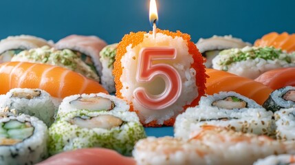 Sushi, '5' candle, kids' birthday, blue background.