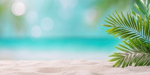 Wall Mural - Palm tree and tropical beach in the background of a seascape. bokeh blur of the serene sky and waves. backdrop idea for a summer vacation.