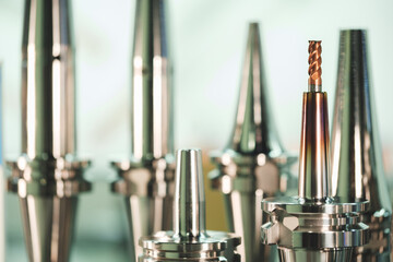 Poster - Industrial metalworking concept, milling cutter, metal cutter close up CNC cutters for metal. industry metal processing concept background