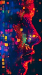 Aufkleber - Digital abstract art of a human face silhouette composed of colorful light dots and pixelated blocks. Represents the fusion of technology, AI, and human identity.