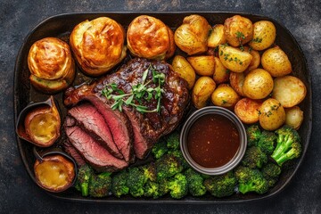 Wall Mural - Roast beef dinner with Yorkshire puddings. Perfect for showcasing a delicious and hearty meal.