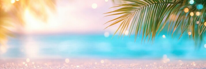 Wall Mural - Palm tree and tropical beach in the background of a seascape. bokeh blur of the serene sky and waves. backdrop idea for a summer vacation.