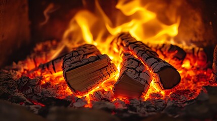 A close-up of burning logs in a fireplace. The flames are dancing and the embers are glowing, creating a warm and inviting atmosphere.