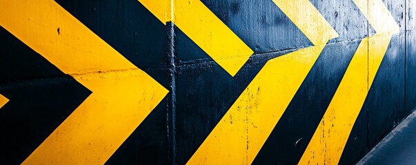 Black and yellow hazard stripes forming arrows pointing right on grunge concrete wall